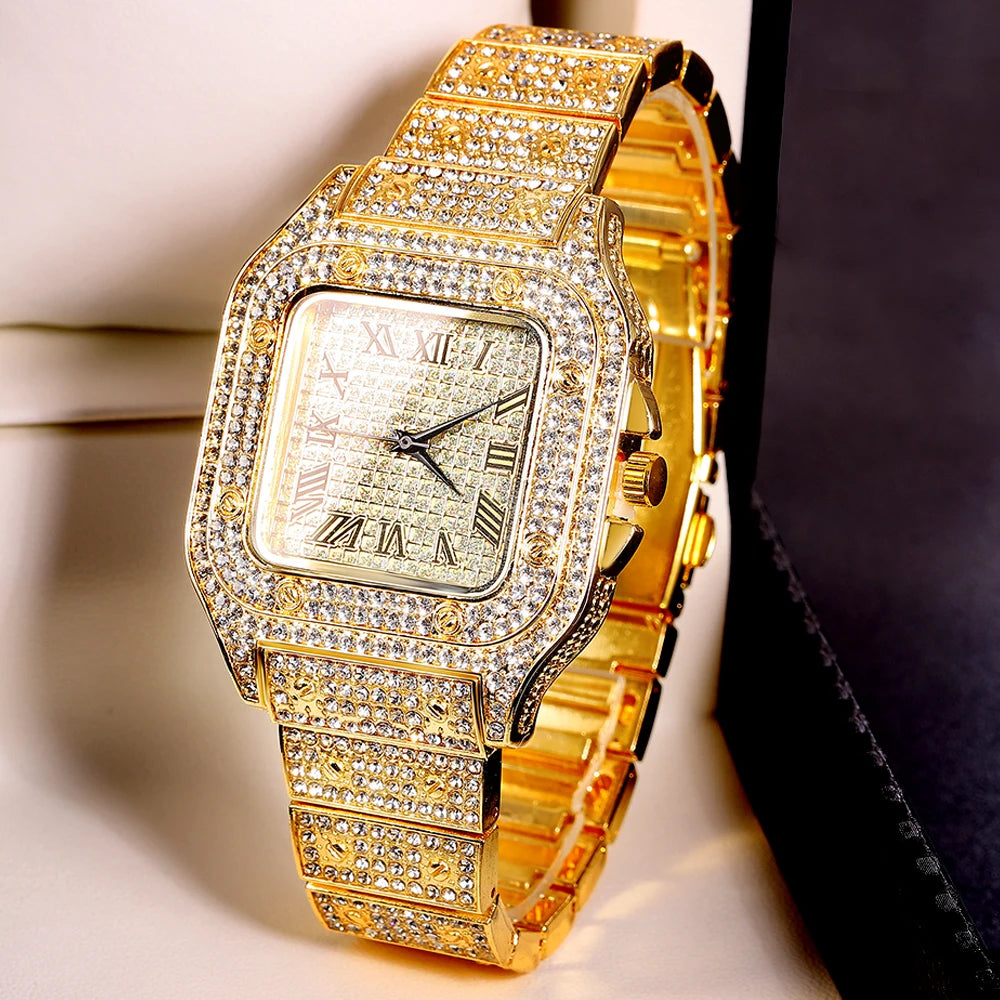 Gold Color Cuban Chain Watch & Bracelet Set – Hip Hop Iced Out Bling Jewelry for Men - Image 5