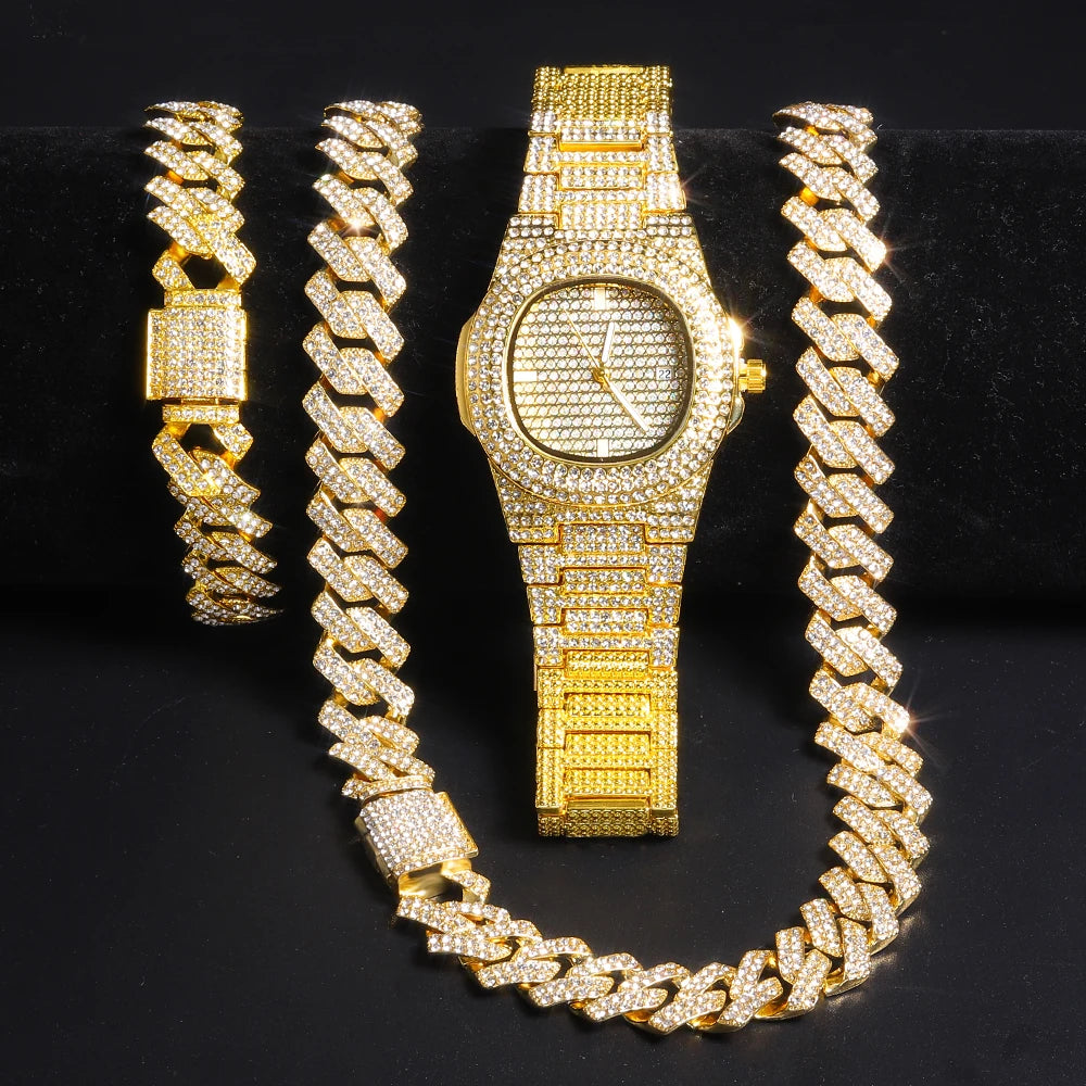 Gold Color Cuban Chain Watch & Bracelet Set – Hip Hop Iced Out Bling Jewelry for Men - Image 10