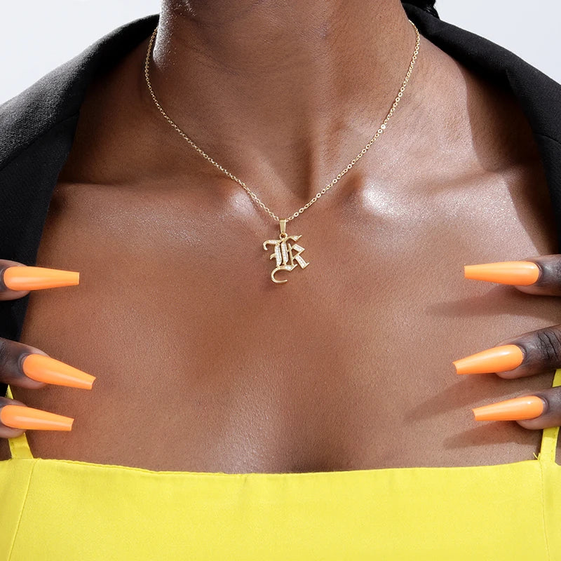 Gothic Zircon Old English Initial Necklace – A–Z Crystal Letter Pendant on Stainless Steel Chain - Image 4