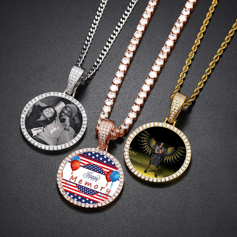Custom Photo Round Medallion Pendant – Personalized Hip Hop Necklace with Engraved Name & Zircon Chain - Image 4