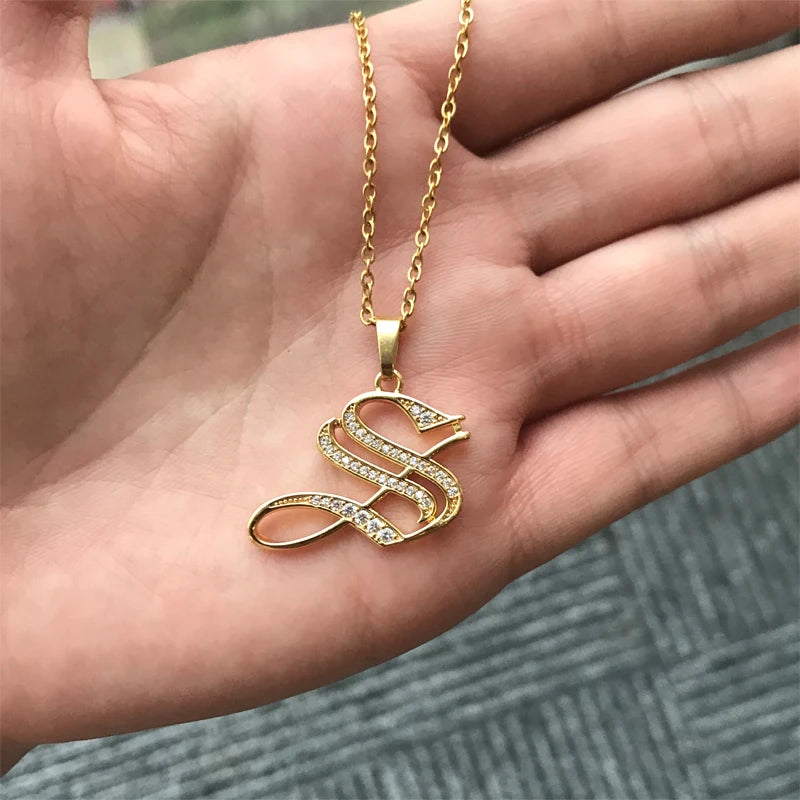 Gothic Zircon Old English Initial Necklace – A–Z Crystal Letter Pendant on Stainless Steel Chain - Image 6