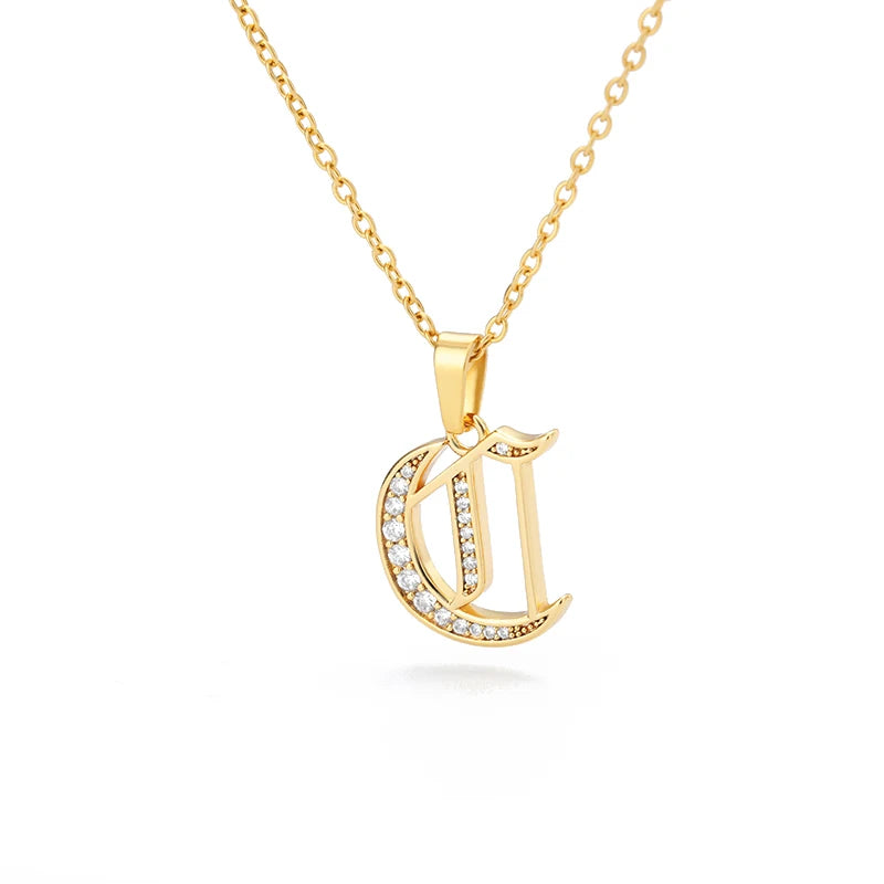 Gothic Zircon Old English Initial Necklace – A–Z Crystal Letter Pendant on Stainless Steel Chain - Image 19