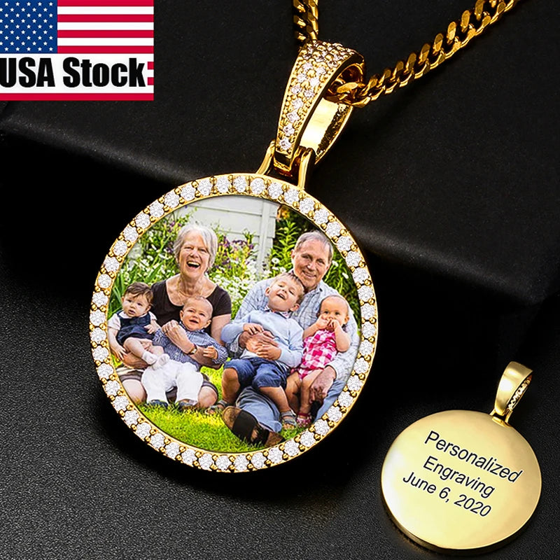 Custom Photo Round Medallion Pendant – Personalized Hip Hop Necklace with Engraved Name & Zircon Chain