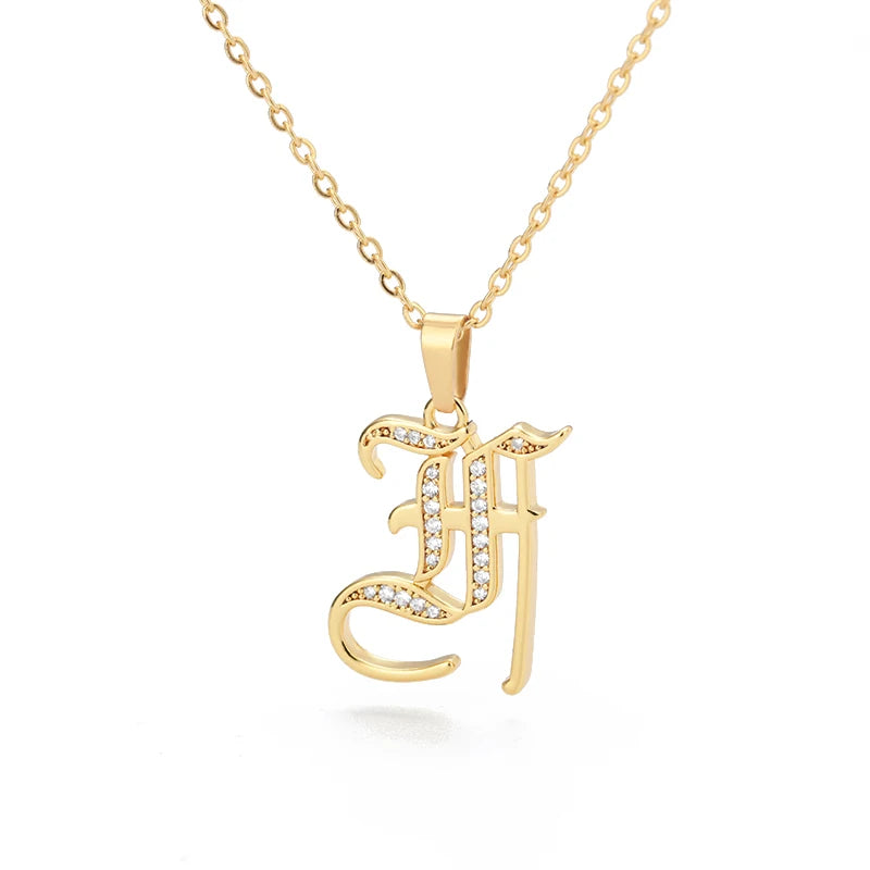Gothic Zircon Old English Initial Necklace – A–Z Crystal Letter Pendant on Stainless Steel Chain - Image 27