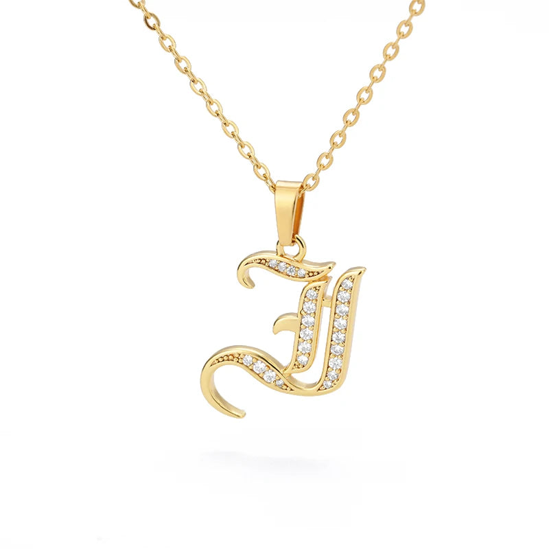 Gothic Zircon Old English Initial Necklace – A–Z Crystal Letter Pendant on Stainless Steel Chain - Image 24