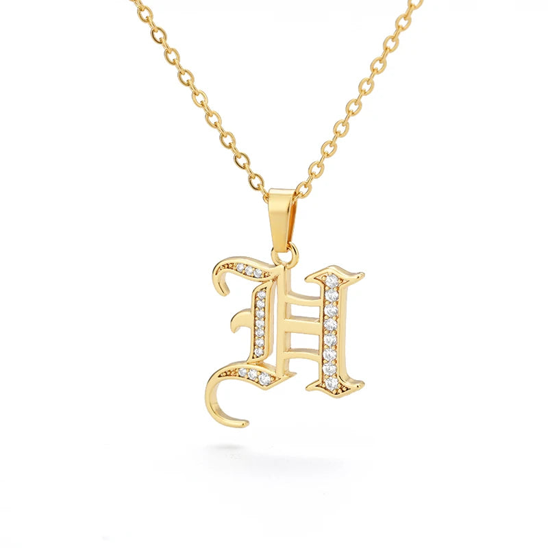 Gothic Zircon Old English Initial Necklace – A–Z Crystal Letter Pendant on Stainless Steel Chain - Image 14