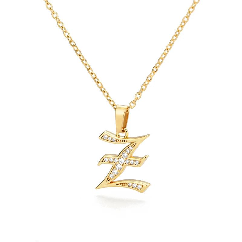 Gothic Zircon Old English Initial Necklace – A–Z Crystal Letter Pendant on Stainless Steel Chain - Image 12