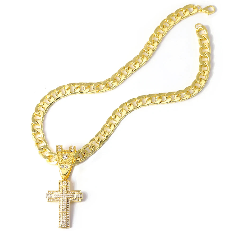 Men & Women Shiny Cross Pendant Necklace with Miami Cuban Chain Link - Image 8