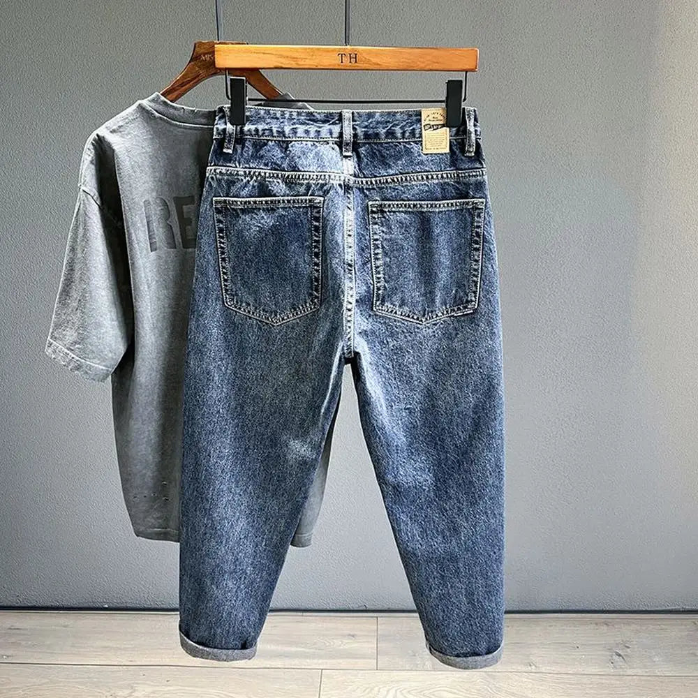Korean Vintage Loose Tapered Men's Jeans Fashion High Street Drape Harem Pants Youth Hip Hop Streetwear Male Blue Denim Trousers - Image 2
