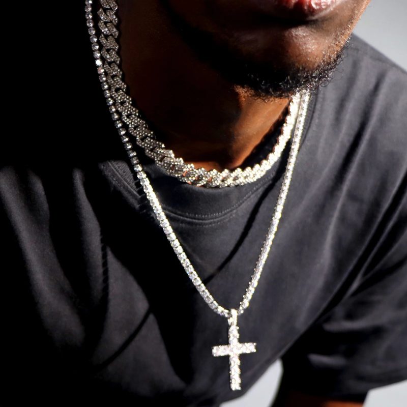 Hip Hop 2PCS Cross Tennis & 14MM Prong Cuban Chain Set - Image 4