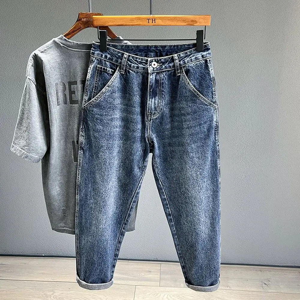 Korean Vintage Loose Tapered Men's Jeans Fashion High Street Drape Harem Pants Youth Hip Hop Streetwear Male Blue Denim Trousers