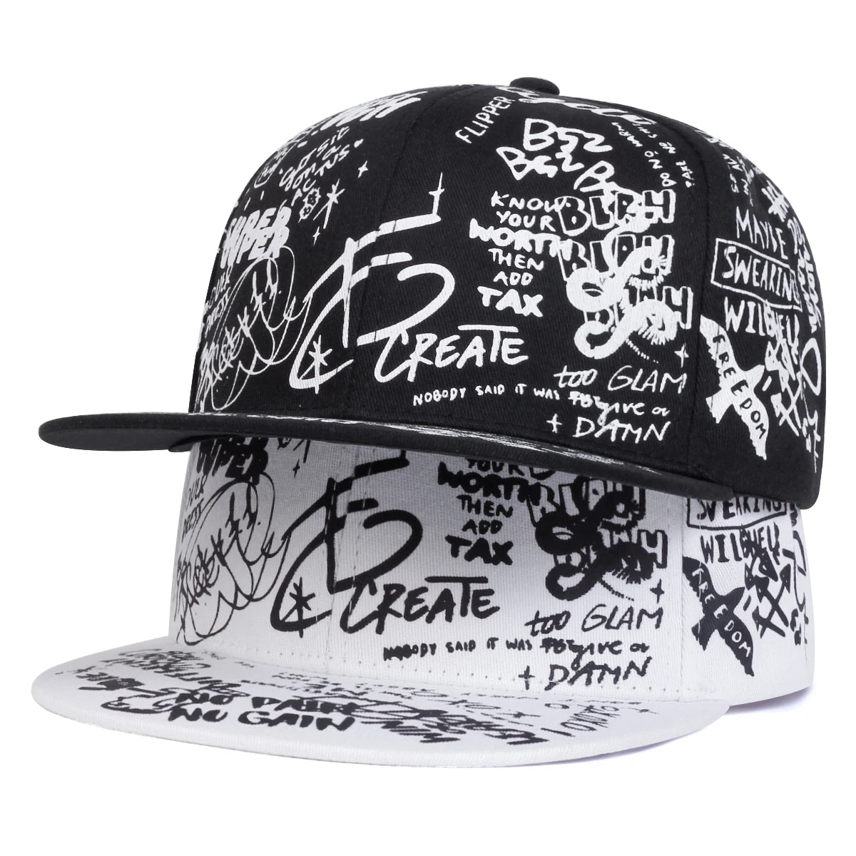 Unisex Black & White Letter Graffiti Printed Hip-Hop Hat
