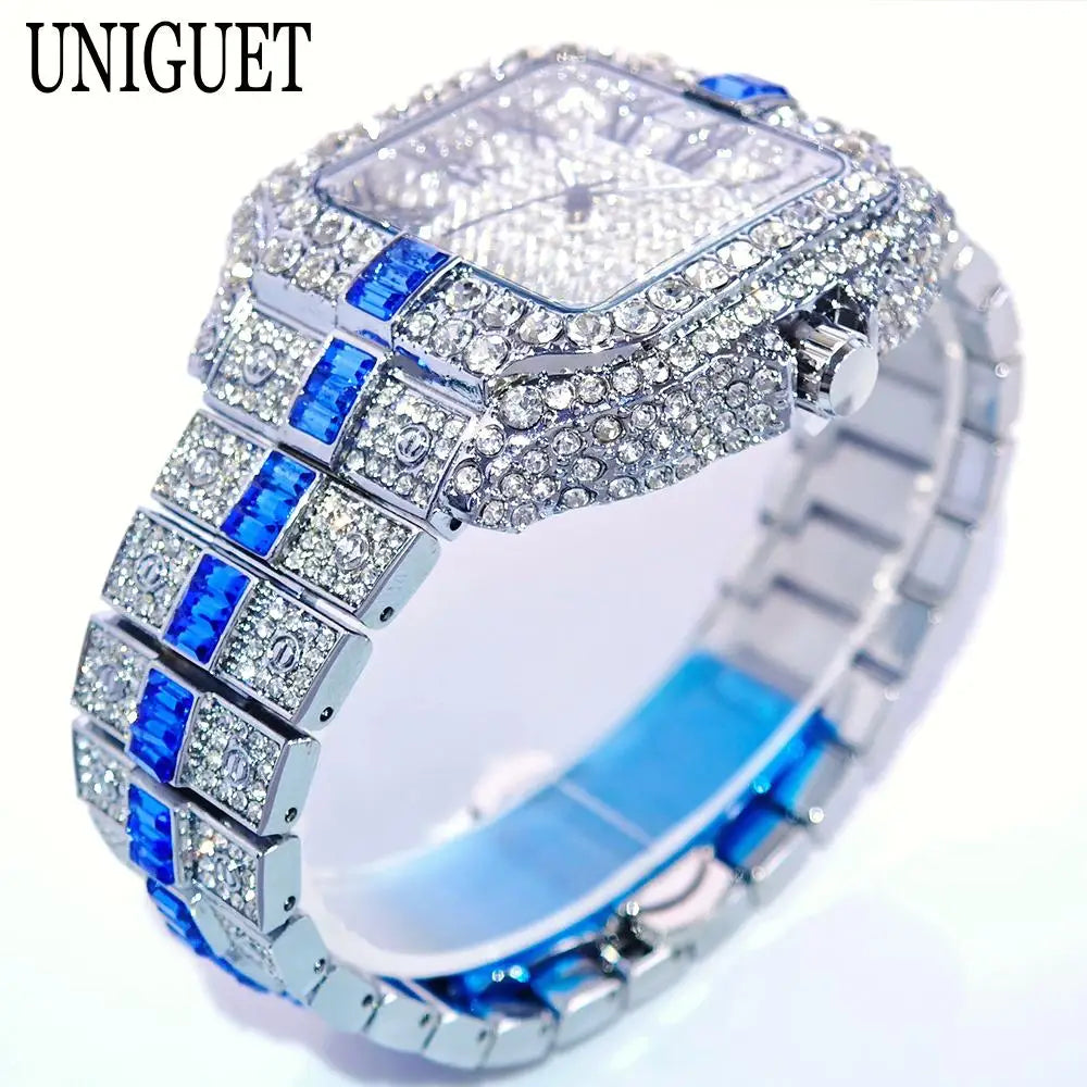 UNIGUET Full Diamond Iced-Out Watch – Square Quartz Hip Hop Wristwatch for Men - Image 3