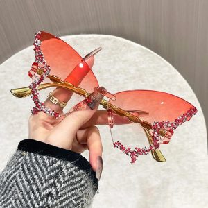 Butterfly Rimless Cat Eye Sunglasses – Unisex Oversized Shades for Travel & Party Style