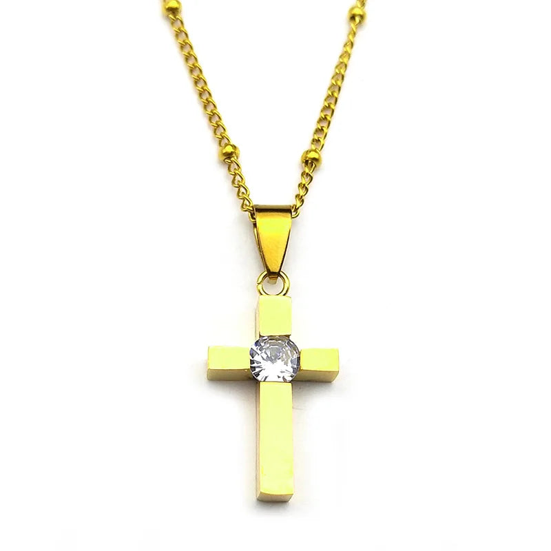 Hip-Hop Cross Rhinestone Pendant Necklace – Black Stainless Steel Religious Amulet for Men & Women - Image 3