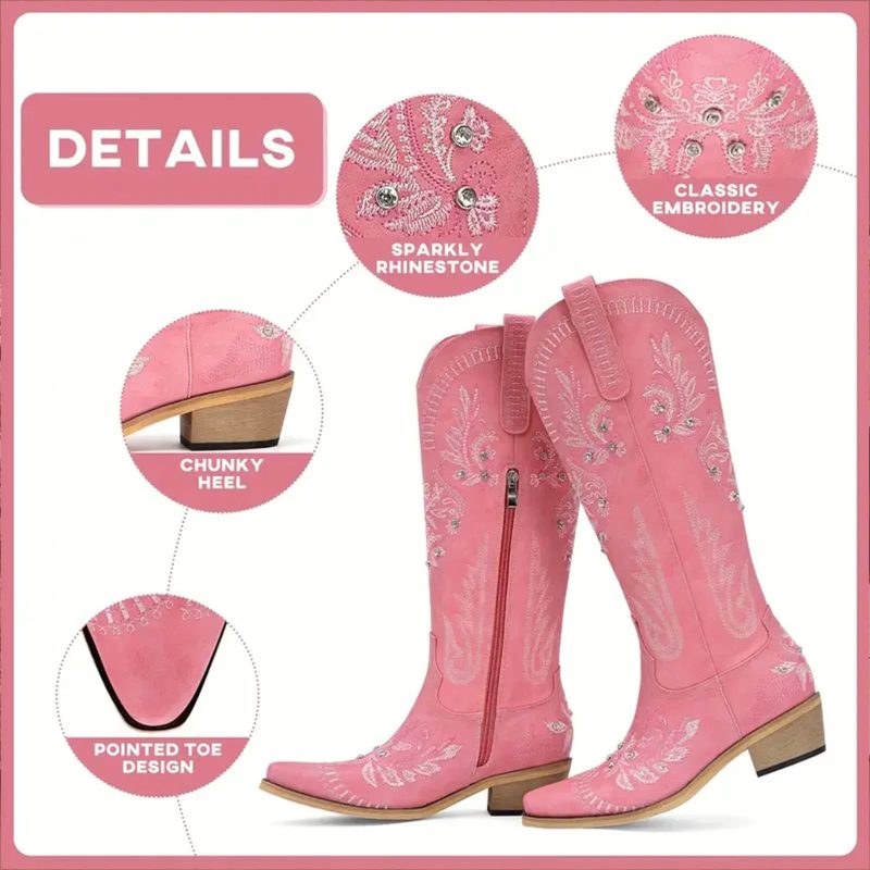 Cowboy Boots for Women – Wide Calf Knee-High Western Cowgirl Boots with Sparkly Rhinestones - Image 2