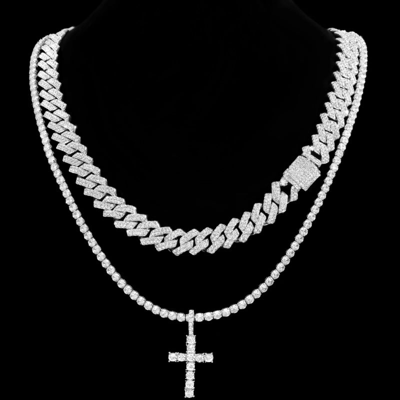 Hip Hop 2PCS Cross Tennis & 14MM Prong Cuban Chain Set - Image 10