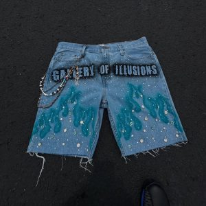 American Harajuku Blue Flame Rhinestone Shorts – Men’s Loose Wide-Leg Streetwear Jeans