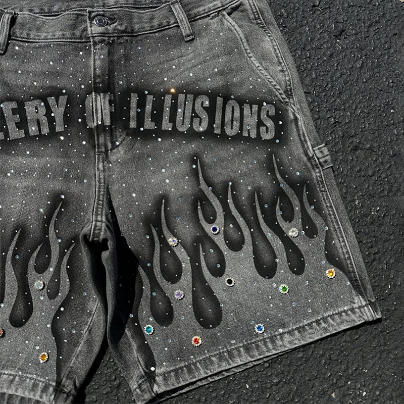 Y2K Vintage Distressed Flame Pattern Denim Shorts – Rhinestone-Embellished High Waist Streetwear for Men & Women - Image 4