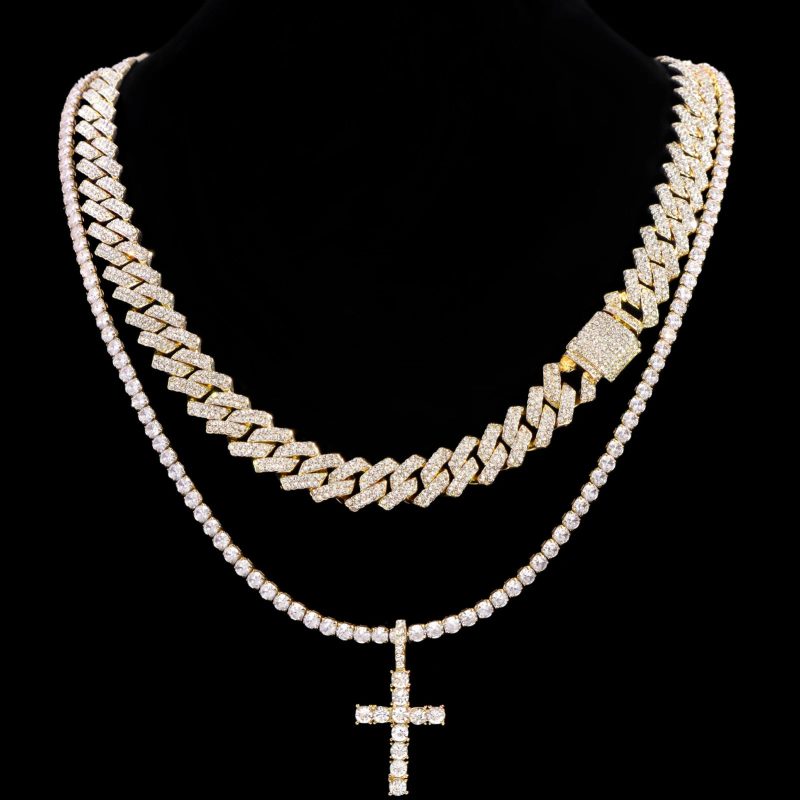 Hip Hop 2PCS Cross Tennis & 14MM Prong Cuban Chain Set - Image 11