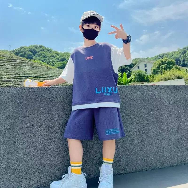 Junior Boys Summer Suit Children's Fashion Patchwork Short Sleeve Shorts Sports Suit Clothing 3-14Y Trend - Image 6