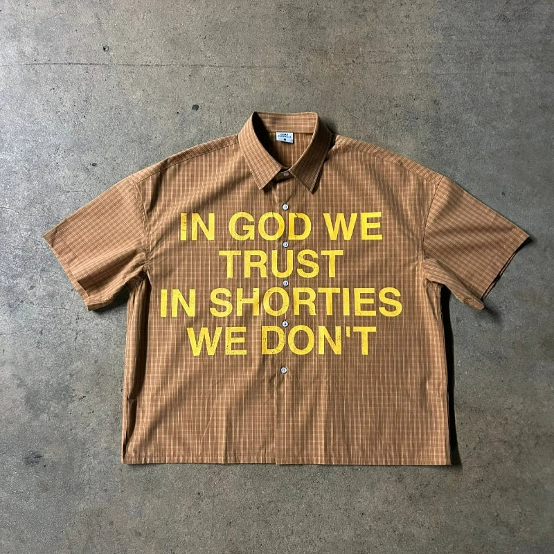 Y2K Plaid "Trust God" Graphic Shirt – Unisex Retro Hip-Hop Streetwear Tee - Image 6