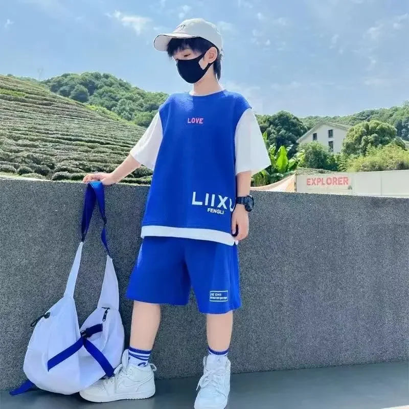 Junior Boys Summer Suit Children's Fashion Patchwork Short Sleeve Shorts Sports Suit Clothing 3-14Y Trend - Image 3