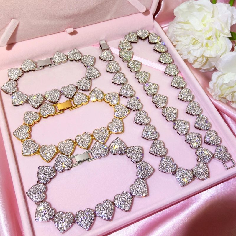 Bling Luxury Paved Crystal Heart Cuban Link Chain Necklace - Image 2