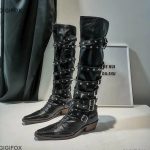 GIGIFOX Biker Boots for Women – Buckle Knee-High Punk Motorcycle Boots with Pointed Toe