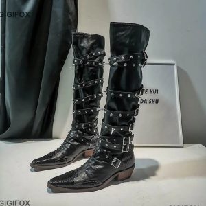 GIGIFOX Biker Boots for Women – Buckle Knee-High Punk Motorcycle Boots with Pointed Toe