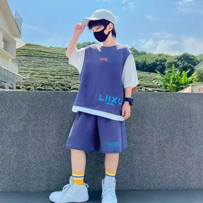 Junior Boys Summer Suit Children's Fashion Patchwork Short Sleeve Shorts Sports Suit Clothing 3-14Y Trend - Image 2