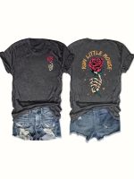 2025 Red Rose Printed T-Shirt – Casual Loose-Fit Short Sleeve Summer Tee