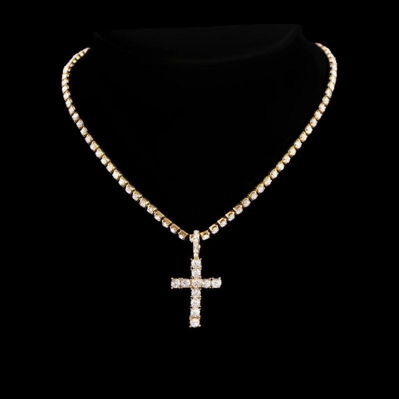 Hip Hop 2PCS Cross Tennis & 14MM Prong Cuban Chain Set - Image 7