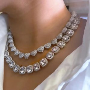 Bling Luxury Paved Crystal Heart Cuban Link Chain Necklace