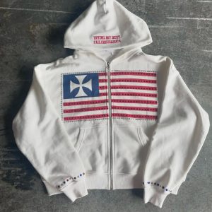Gothic Flag Rhinestone Zipper Hoodie