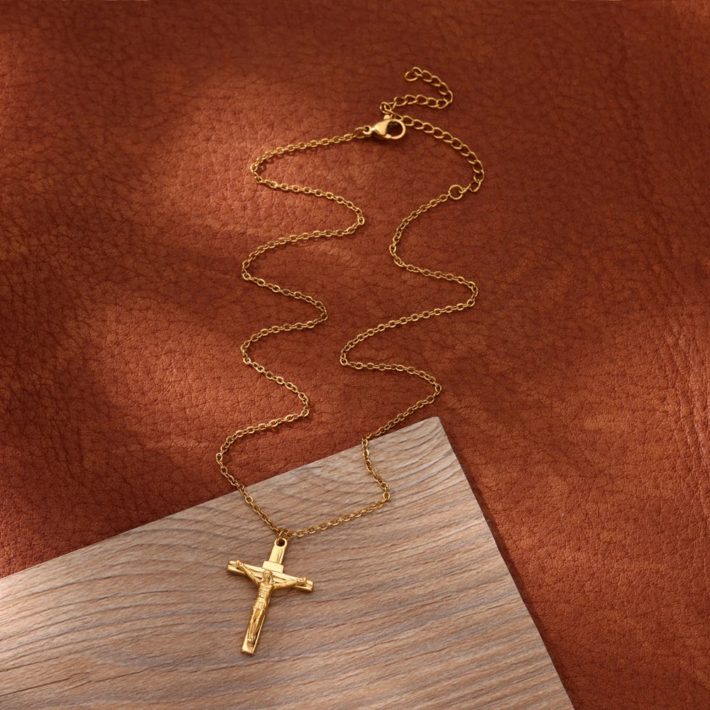 Gold Caravaca Cross Necklace – Stainless Steel Crucifix Choker for Men & Women - Image 4