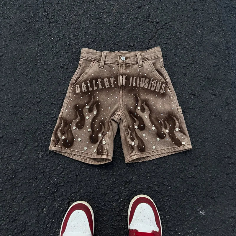 Y2K Vintage Distressed Flame Pattern Denim Shorts – Rhinestone-Embellished High Waist Streetwear for Men & Women - Image 6