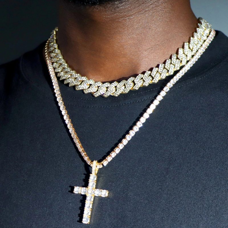 Hip Hop 2PCS Cross Tennis & 14MM Prong Cuban Chain Set - Image 2