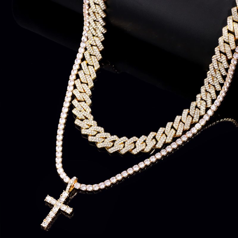Hip Hop 2PCS Cross Tennis & 14MM Prong Cuban Chain Set - Image 5