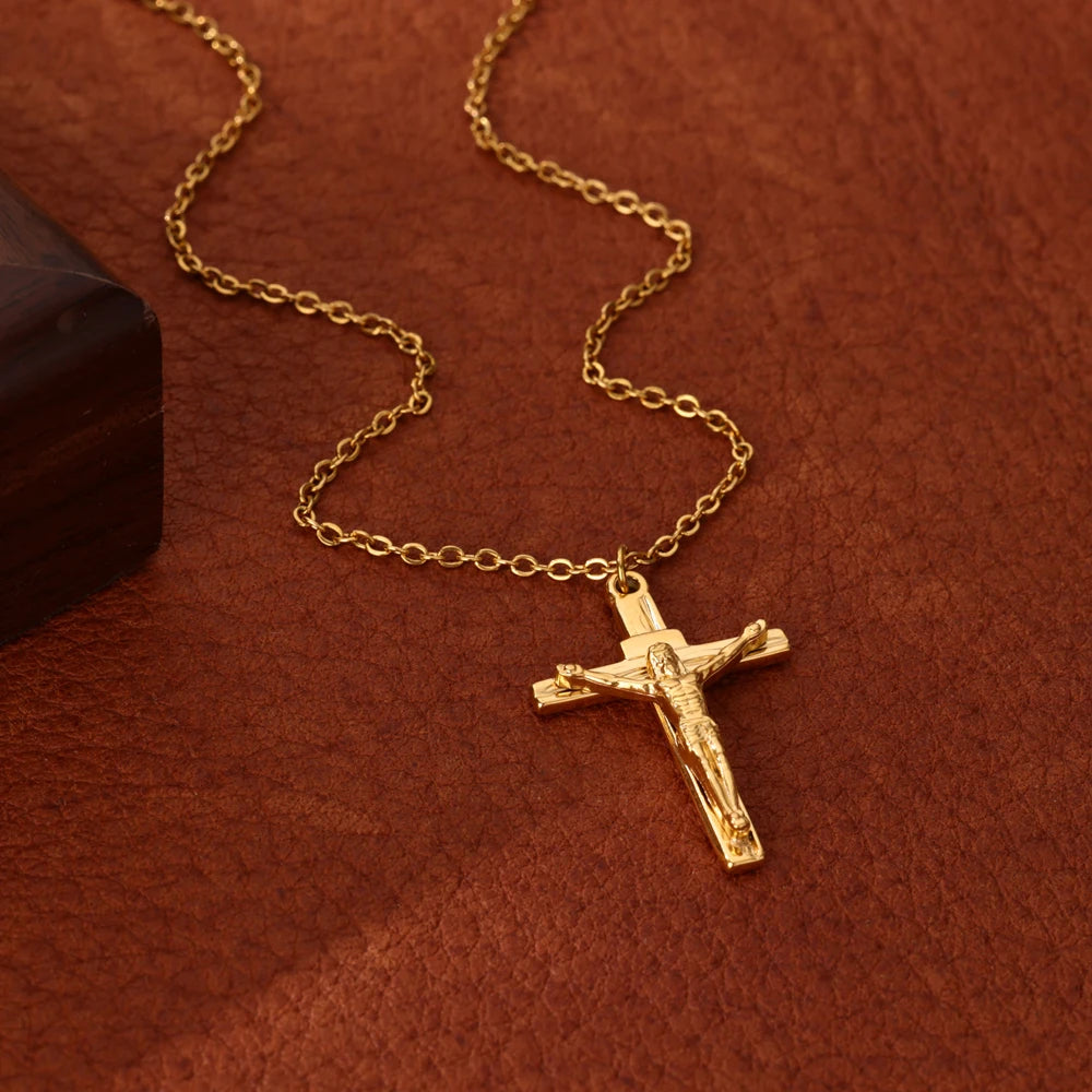 Gold Caravaca Cross Necklace – Stainless Steel Crucifix Choker for Men & Women - Image 3