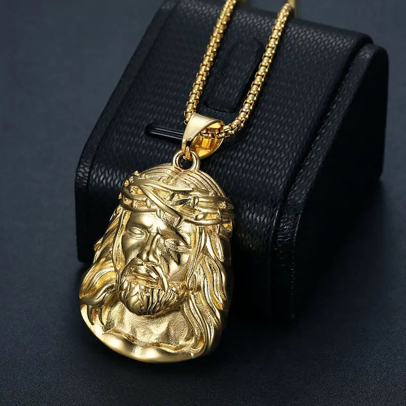 Gold-Plated Jesus Head Pendant Necklace – Stainless Steel Titanium Hip-Hop Chain for Men & Women - Image 4