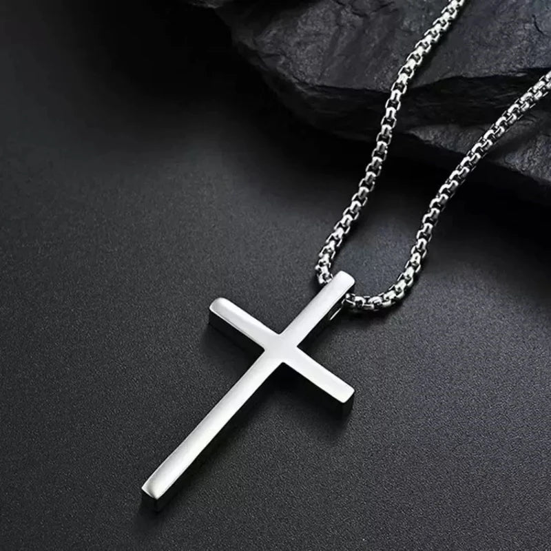 Hip Hop Trend Cross Pendant Necklace – Men's Silver Titanium Steel Chain - Image 4