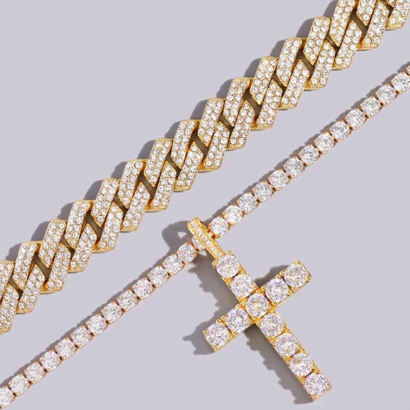 Hip Hop 2PCS Cross Tennis & 14MM Prong Cuban Chain Set - Image 3