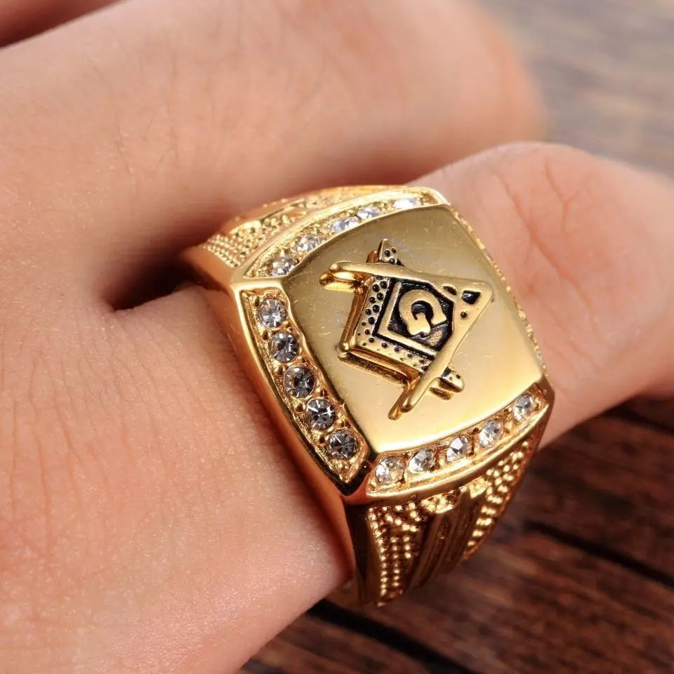 316L Stainless Steel Freemason Ring – Gold Color Hip Hop Iced Out Masonic Jewelry for Men - Image 2